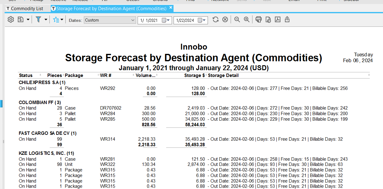 Storage billing forecast in Magaya